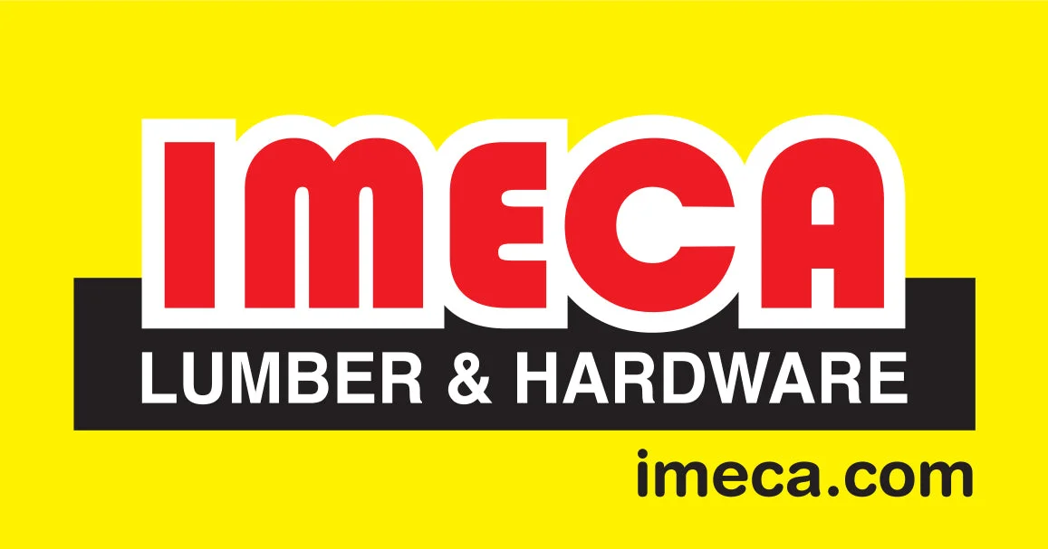 ImeCa Lumber & Hardware logo on a bright yellow background, with bold red/white 'IMECA' text and a black bar reading 'LUMBER & HARDWARE' plus 'imeca.com'